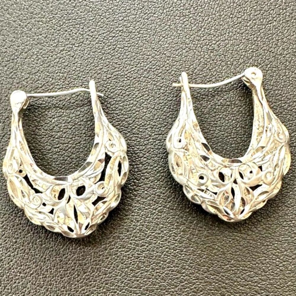 Vintage Filagree Scroll Sterling Silver 925 Basket Hoop Earrings
